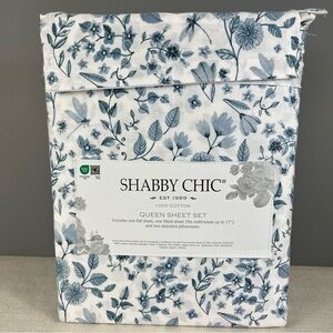 Shabby Chic Queen Sheet Set Floral Blue and White Summer 100% Cotton 4 pc NEW